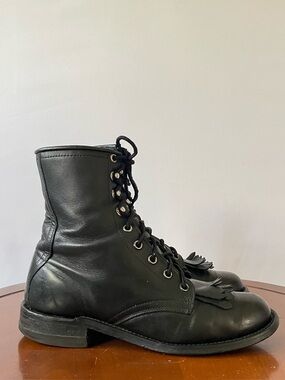 Vintage Black Leather Kiltie Fringe Lace-Up Ankle Boots | US 7.5